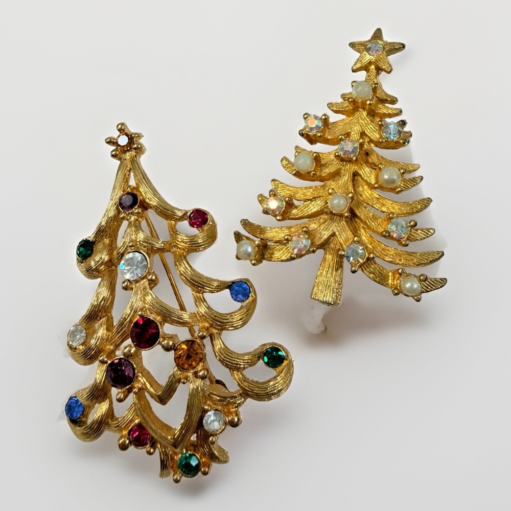 Vintage Christmas Tree Brooch Lot of 2 Pins Monet & MYLU Rhinestones
